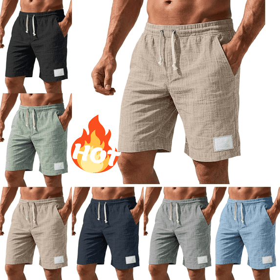 Mifsaly Men's Linen Shorts Elastic Waist Drawstring Beach Shorts Textures Lightweight Breathable Casual Summer Vacation Outfits with Pockets Khaki,S