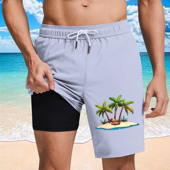 Mifsaly Men's Swim Trunks Tropical Print Beach Shorts with Compression Liner Quick-Dry 2 In 1 Bathing Suit Surfing Swimming Summer Vacation Short Pants