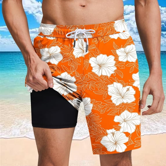 Mifsaly Men's Swim Trunks Tropical Print Quick-Dry Beach Shorts with Compression Liner Vacation Beach Short Pants Summer Swimwear Bathing Suits with Pockets S