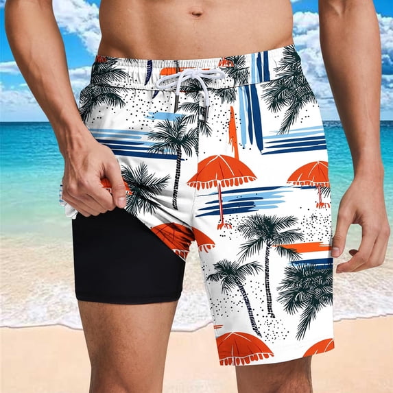 Mifsaly Men's Swim Trunks Tropical Print Quick-Dry Beach Shorts with Compression Liner Vacation Beach Short Pants Summer Swimwear Bathing Suits with Pockets XL