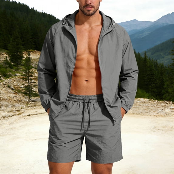 Mifsaly Mens 2 Piece Athletic Set Quick-Dry Sun Protection Outdoor Gym Hiking Matching Outfits Hooded Lightweight Windbreaker Jacket and Shorts with Pockets Dark Gray,XXL