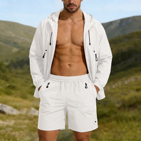 Mifsaly Mens 2 Piece Athletic Set Quick-Dry Sun Protection Outdoor Gym Hiking Matching Outfits Hooded Lightweight Windbreaker Jacket and Shorts with Pockets White,XXL