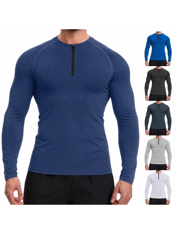 Mens Athletic Quarter Zip Workout Shirts Long Sleeve Compression Base Layer Tops Lightweight Moisture Wicking Gym Running Sportswear Training Fitness Activewear Blue,M