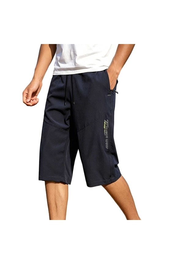 Mens Basketball Shorts Long Drawstring Athletic Shorts Side Graphic Print Lightweight Quick-Dry Gym Training Running Bottoms with Pockets Navy,XXL