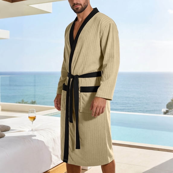 Mifsaly Mens Bathrobes Lightweight Knit Bathrobe Comfortable Soft Wrap Spa Robe with Belt and Pockets for Hotel Shower and Weekend Relaxing Khaki,XL