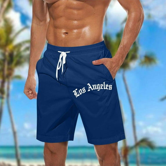 Mifsaly Mens Beach Shorts Letters Print Loose Casual Shorts Drawstring Elastic Waist Summer Vacation Short Pants with Pockets