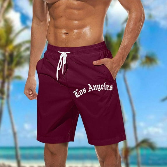Mifsaly Mens Beach Shorts Letters Print Loose Casual Shorts Drawstring Elastic Waist Summer Vacation Short Pants with Pockets