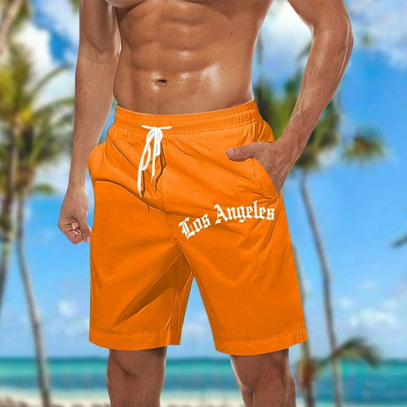 Mifsaly Mens Beach Shorts Letters Print Loose Casual Shorts Drawstring Elastic Waist Summer Vacation Short Pants with Pockets
