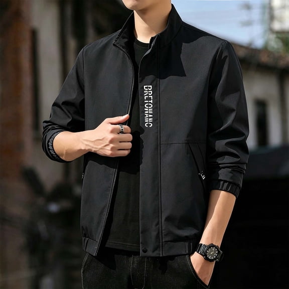 Mifsaly Mens Bomber Jacket Lightweight Full Zip Stand Collar Windbreaker Jackets Regular Fit Travel Outdoor Sports Spring Fall Outerwear Black,XXS
