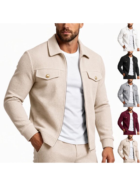 Mens Bomber Jacket Zip Up Waffle Knit Shacket Jakcet Collared Fall Winter Athletic Daily Going Out Business Casual Outfits with Pockets