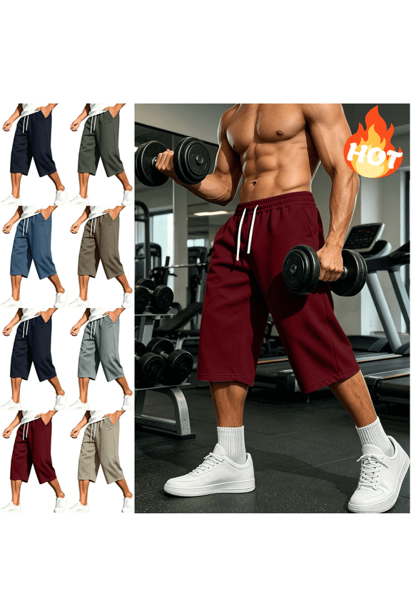 Mens Capri Sweatpants Baggy Elastic Waist Drawstring Capris Loose Fit Lightweight Breathable Summer Lounge Jogger Sweatshorts with Pockets Wine,L