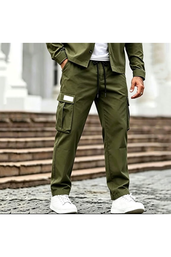 Mens Cargo Pants with Multi Pockets Elastic Waist Drawstring Utility Work Trousers Comfortable Relaxed Fit Outdoor Hiking Training Bottoms Army Green,M