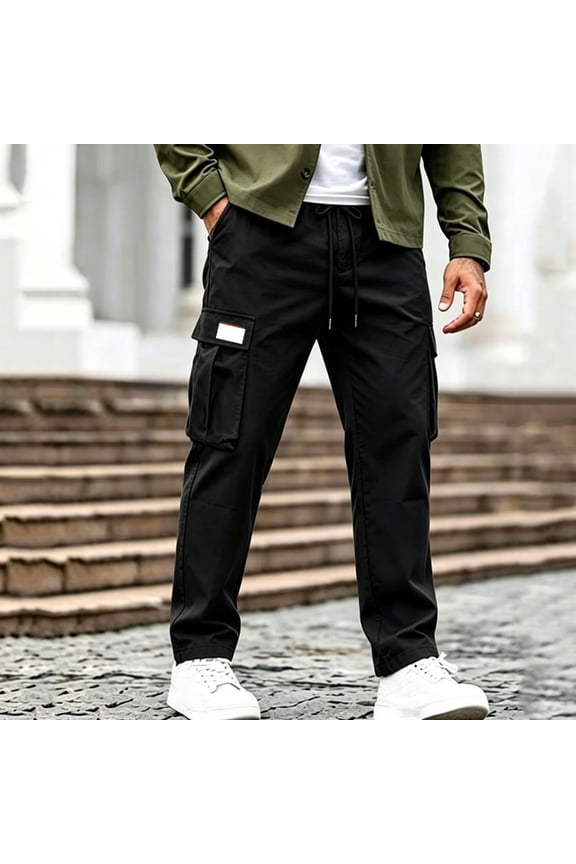 Mens Cargo Pants with Multi Pockets Elastic Waist Drawstring Utility Work Trousers Comfortable Relaxed Fit Outdoor Hiking Training Bottoms Black,M