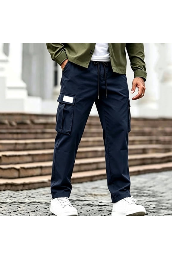 Mens Cargo Pants with Multi Pockets Elastic Waist Drawstring Utility Work Trousers Comfortable Relaxed Fit Outdoor Hiking Training Bottoms Navy,M