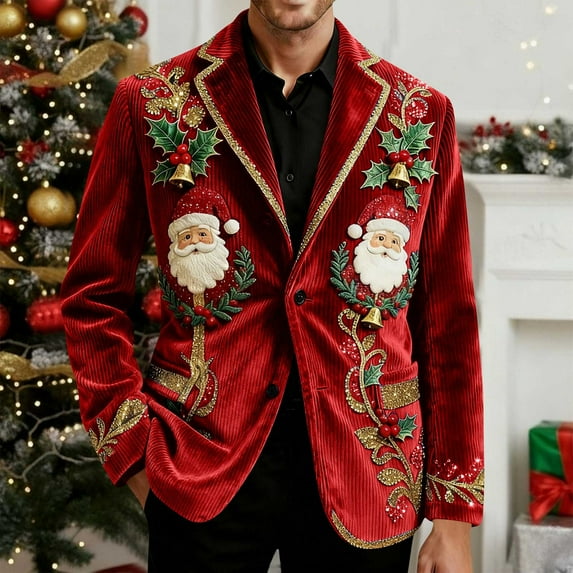Mifsaly Mens Christmas Blazer Jacket Plus Size Corduroy Sport Coats 2025 Xmas Sequin Print Button Down Lapel Suit Jackets Santa Sports Jackets with Pockets Festival Dinner Party Winter Outerwear