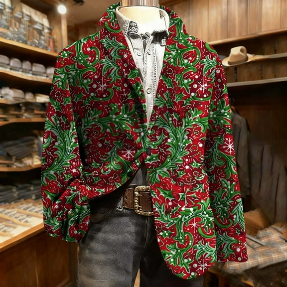 Mifsaly Mens Christmas Blazer Jacket Plus Size Corduroy Sport Coats 2025 Xmas Sequin Print Button Down Lapel Suit Jackets Snowflake Santa Coat with Pockets Festival Dinner Party Winter Outerwear