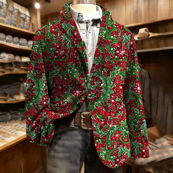 Mifsaly Mens Christmas Blazer Jacket Plus Size Corduroy Sport Coats 2025 Xmas Sequin Print Button Down Lapel Suit Jackets Snowflake Santa Coat with Pockets Festival Dinner Party Winter Outerwear