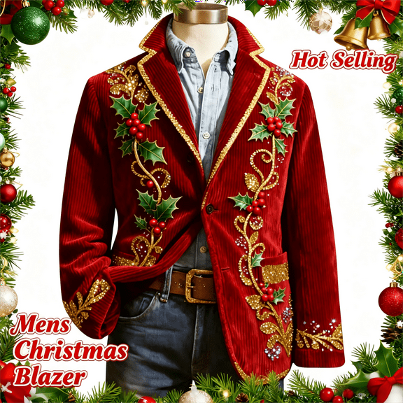 Mifsaly Mens Christmas Blazer Jacket Plus Size Corduroy Sport Coats 2025 Xmas Sequin Print Button Down Lapel Suit Jackets Snowflake Santa Coat with Pockets Festival Dinner Party Winter Outerwear