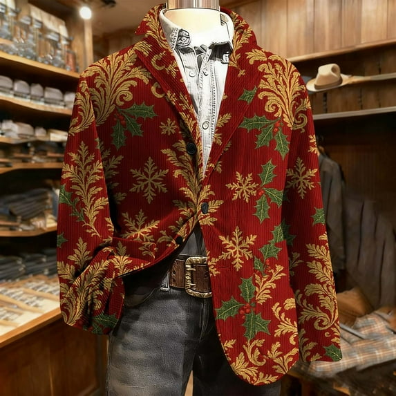 Mifsaly Mens Christmas Blazer Jacket Plus Size Corduroy Sport Coats 2025 Xmas Sequin Print Button Down Lapel Suit Jackets Snowflake Santa Coat with Pockets Festival Dinner Party Winter Outerwear