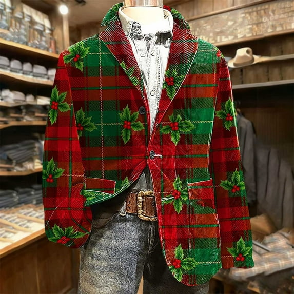 Mifsaly Mens Christmas Blazer Jacket Plus Size Corduroy Sport Coats 2025 Xmas Sequin Print Button Down Lapel Suit Jackets Snowflake Santa Coat with Pockets Festival Dinner Party Winter Outerwear