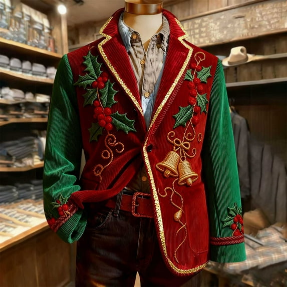 Mifsaly Mens Christmas Blazer Jacket Plus Size Corduroy Sport Coats 2025 Xmas Sequin Print Button Down Lapel Suit Jackets Snowflake Santa Coat with Pockets Festival Dinner Party Winter Outerwear