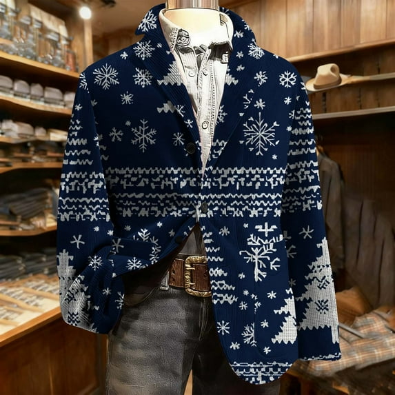 Mifsaly Mens Christmas Blazer Jacket Plus Size Corduroy Sport Coats 2025 Xmas Sequin Print Button Down Lapel Suit Jackets Snowflake Santa Coat with Pockets Festival Dinner Party Winter Outerwear