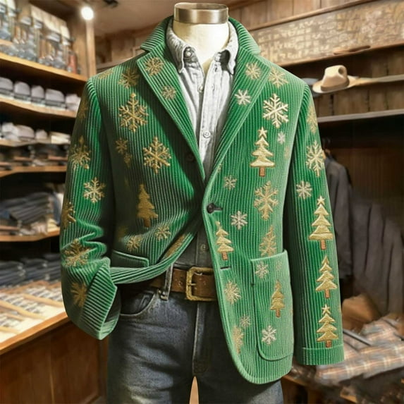 Mifsaly Mens Christmas Blazer Jacket Plus Size Corduroy Sport Coats 2025 Xmas Sequin Print Button Down Lapel Suit Jackets Snowflake Santa Coat with Pockets Festival Dinner Party Winter Outerwear