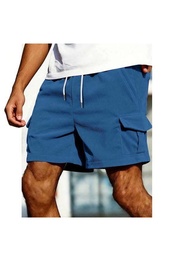 Mens Corduroy Cargo Shorts with Multi Pockets Ribbed Textured Elastic Drawstring Waist Beach Shorts Relaxed Fit Casual Summer Vacation Bottoms Blue,S