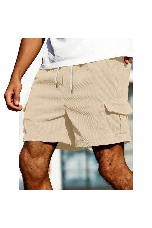 Mens Corduroy Cargo Shorts with Multi Pockets Ribbed Textured Elastic Drawstring Waist Beach Shorts Relaxed Fit Casual Summer Vacation Bottoms Khaki,S