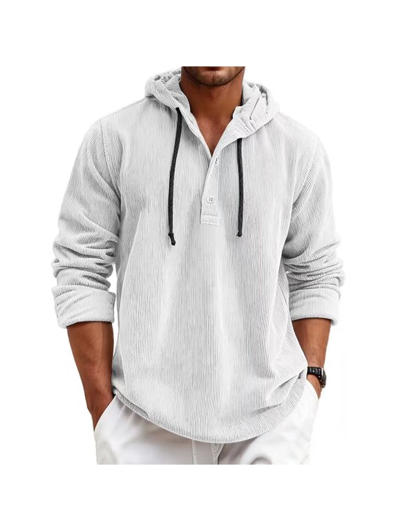 Mens Corduroy Hoodie Long Sleeve Pullover Henley Button Sweatshirt Casual Loose Fit Textured Hooded Top with Drawstring for Fall Winter Daily Streetwear White,L