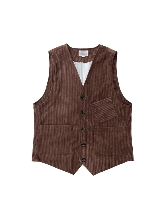 Mens Corduroy Vest V Neck Sleeveless Button Down Waistcoat Fall Spring Work Daily Casual Vintage Layering Jacket with Multiple Patch Pockets Brown,XXL