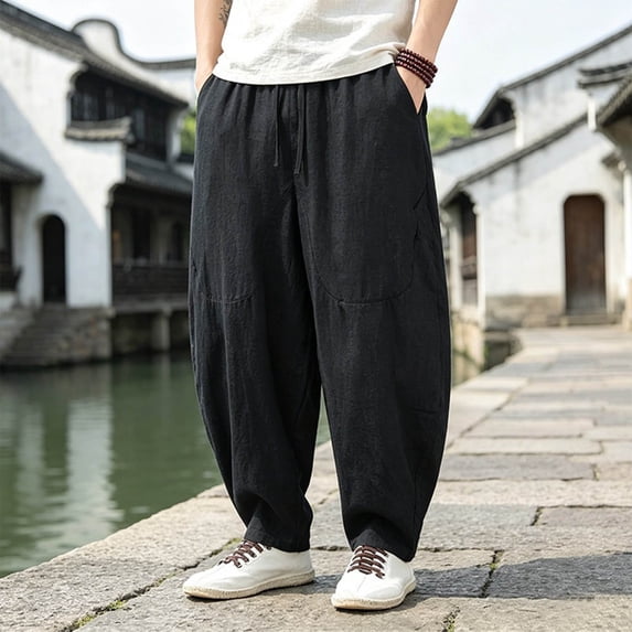 Mifsaly Mens Cotton Linen Harem Pants Elastic Drawstring Waist Baggy Joggers Loose Fit Ankle Cuffed Casual Chinese Style Trousers with Pockets Black,XXXL