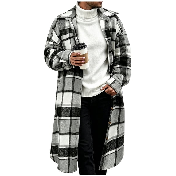 Mifsaly Mens Flannel Jacket Long Plaid Button Down Trench Coat Collared Fall Winter Trendy Street Going Out Travel Vacation Work Office Outfits