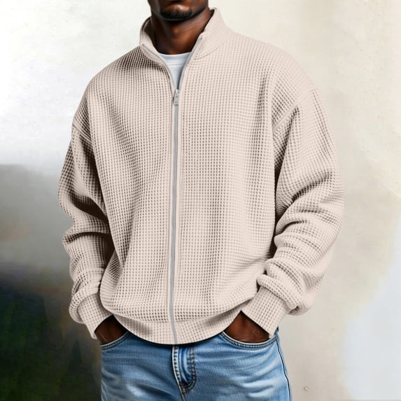 Mifsaly Mens Full Zip Jacket Waffle Knit Stand Collar Long Sleeve Coat Comfortable Casual Relaxed Fit Open Front Sweatshirt Khaki,XXL