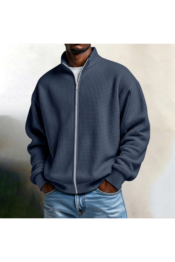 Mens Full Zip Jacket Waffle Knit Stand Collar Long Sleeve Coat Comfortable Casual Relaxed Fit Open Front Sweatshirt Navy,S