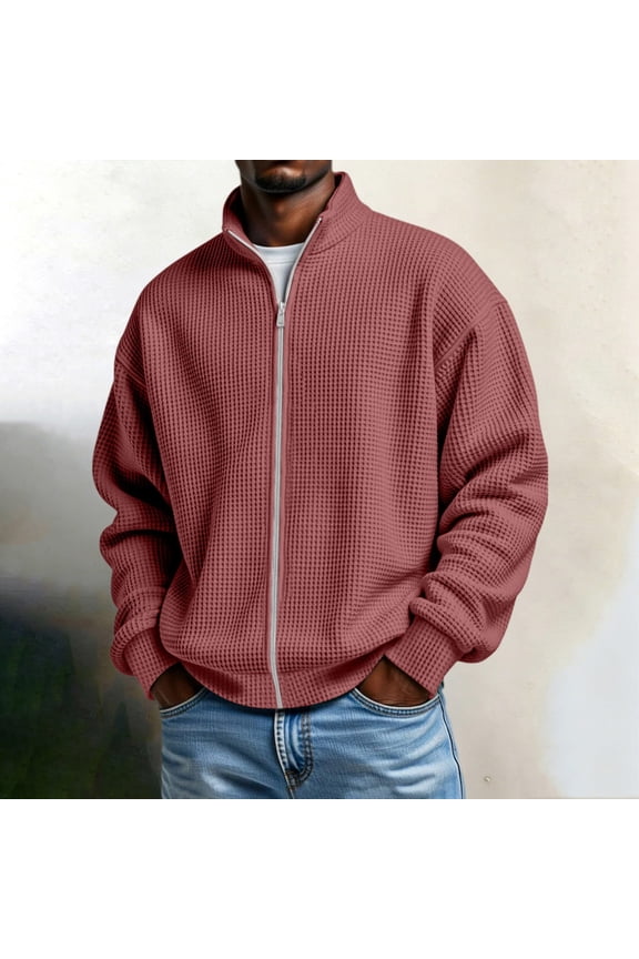 Mens Full Zip Jacket Waffle Knit Stand Collar Long Sleeve Coat Comfortable Casual Relaxed Fit Open Front Sweatshirt Red,M
