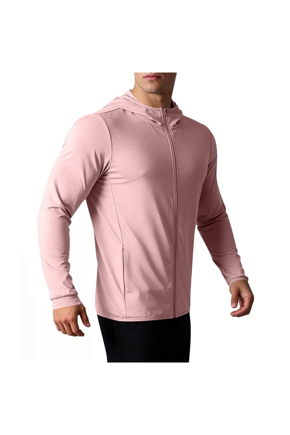 Mens Full Zip Workout Hoodies Long Sleeve Athletic Running Jackets Lightweight Quick Dry Performance Activewear Breathable Gym Training Track tops Pink,S