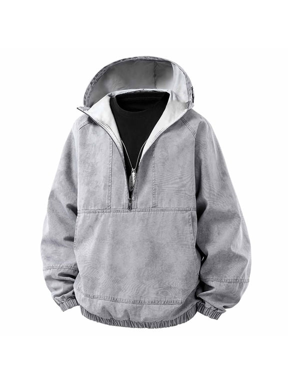 Mens Half Zip Hoodie Long Sleeve Pullover Jacket Washed Look Kangaroo Pocket Casual Loose Fit Hooded Sweatshirt for Fall Winter Streetwear Daily Outerwear Gray,S