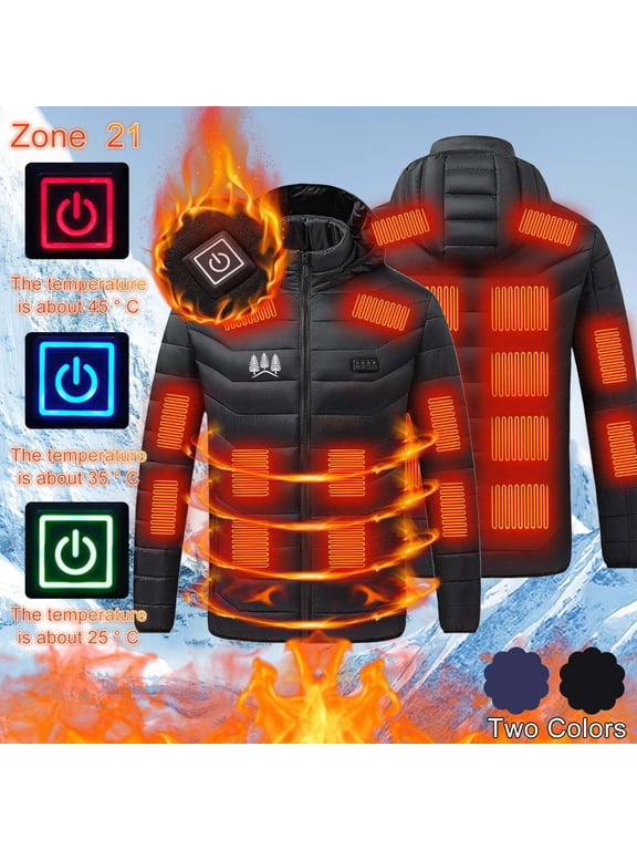 Mens Heated Jacket 21 Heating Zones 4 Heat Levels Thermal Quilted Jackets Zip Up Long Sleeve Hooded Windproof Padded Coats Stand Collar Warm Winter Outerwear With Zipper Pockets