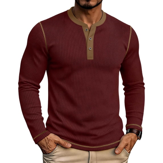 Mifsaly Mens Henley Shirt Ribbed Knit Long Sleeve Casual T-Shirts Colorblock Contrast Trim Slim Fit Fall Winter Undershirt Tops Wine,L