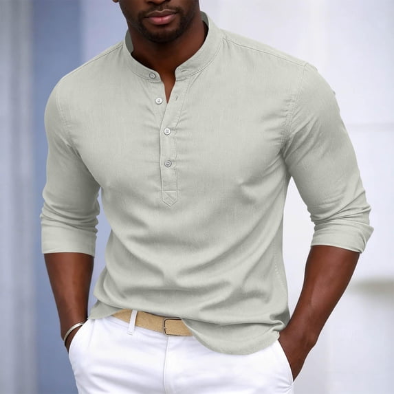 Mifsaly Mens Henley Shirts Long Sleeve Band Collar Button Down Tops Lightweight Casual Classic Fit office Vacation Outfits Gray,XL