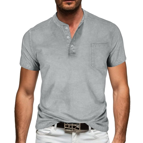 Mifsaly Mens Henley Shirts Short Sleeve Button Down Shirt Soft Breathable Lightweight Textured Regular Fit Office Work tops Gray,XL