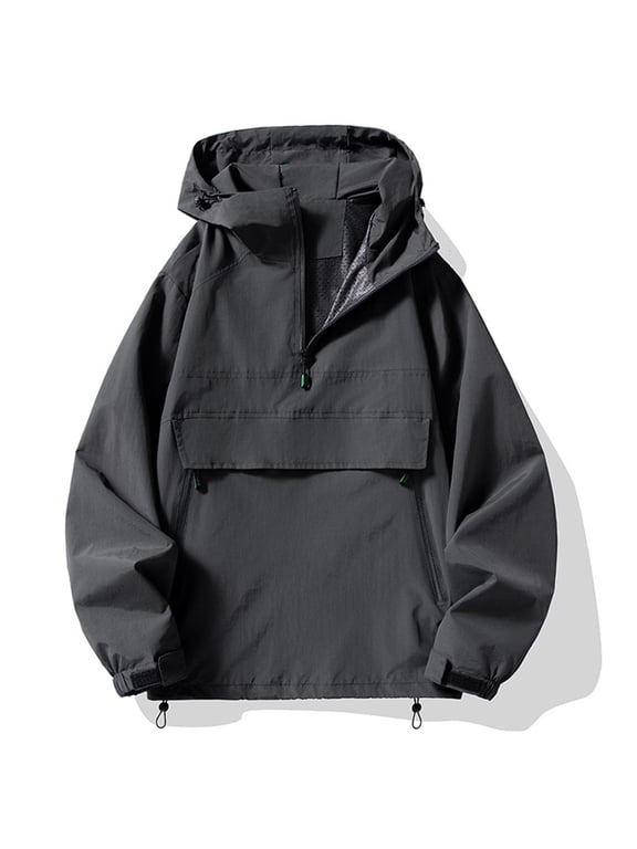Mens Hooded Pullover Windbreaker Half Zip Lightweight Anorak Jacket with Front Flap Pocket Casual Outdoor Hiking Travel Running Packable Coat for Spring Fall Gray,S