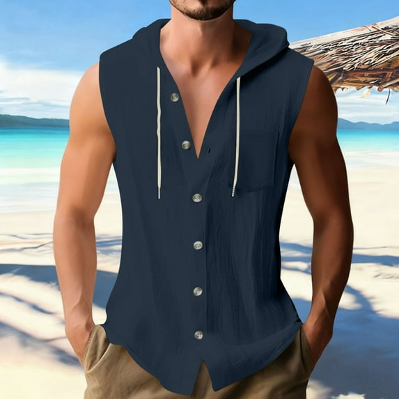 Mifsaly Mens Hooded Sleeveless Shirts Button Down Hoodie Lightweight Breathable Everyday Travel Vacation Summer Tops with Pocket L