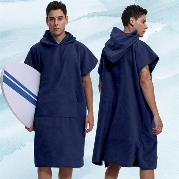 Mifsaly Mens Hooded Towel Poncho Robe Solid Quick Dry Absorbent Changing Robe Lightweight Surf Swim Bathrobe for Swimming Surfing Beach Navy,Free Size