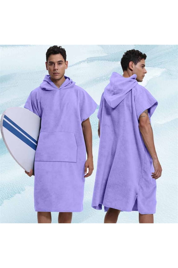 Mens Hooded Towel Poncho Robe Solid Quick Dry Absorbent Changing Robe Lightweight Surf Swim Bathrobe for Swimming Surfing Beach Purple,Free Size