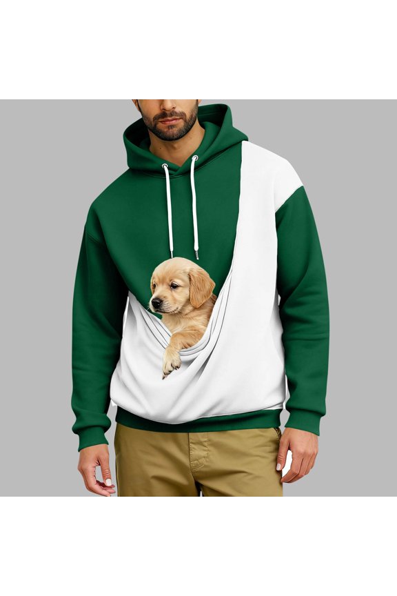 Mens Hoodie with Dog Pouch Patchwork Cats Pouch Hoodies Warm Kangaroo Pouch Hoodie Cozy Hooded Pullover Sweatshirt Fall Winter Outerwear with Pocket Green XXL