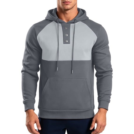 Mifsaly Mens Hoodies Color Block Buttons Henley Hooded Sweatshirt with Pocket Spring Fall Daily Casual Athletic Hoodies Gray,XXL