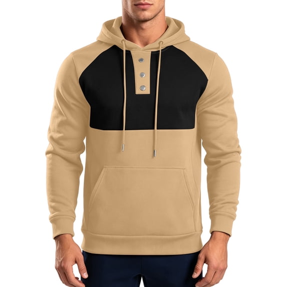 Mifsaly Mens Hoodies Color Block Buttons Henley Hooded Sweatshirt with Pocket Spring Fall Daily Casual Athletic Hoodies Khaki,M