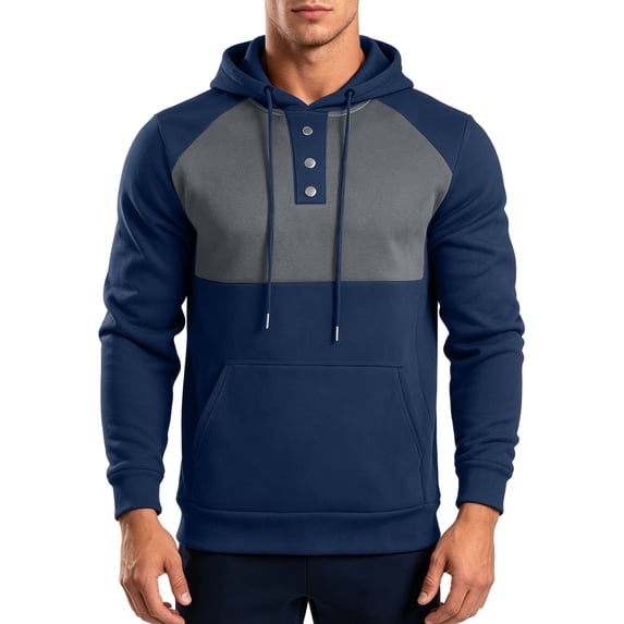 Mifsaly Mens Hoodies Color Block Buttons Henley Hooded Sweatshirt with Pocket Spring Fall Daily Casual Athletic Hoodies Navy,M